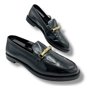 Vintage Vibe Massimo‎ Dutti Black Leather Loafers Antique Gold Accent. Size 5.5